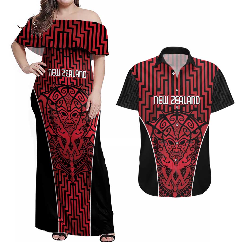 Custom Basketball New Zealand Couples Matching Off Shoulder Maxi Dress and Hawaiian Shirt Red Maori Ta Moko Indigenous - Aussie Hoodie