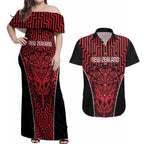 Custom Basketball New Zealand Couples Matching Off Shoulder Maxi Dress and Hawaiian Shirt Red Maori Ta Moko Indigenous - Aussie Hoodie