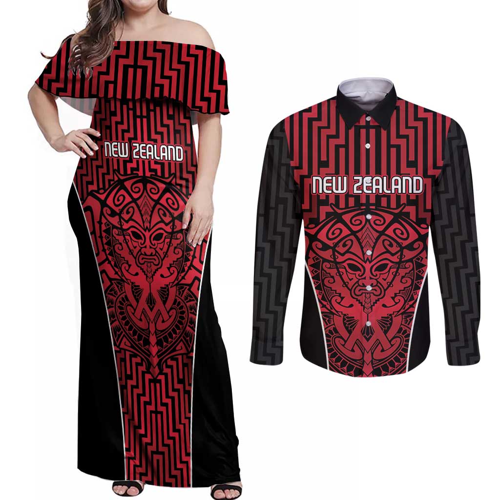Custom Basketball New Zealand Couples Matching Off Shoulder Maxi Dress and Long Sleeve Button Shirt Red Maori Ta Moko Indigenous - Aussie Hoodie