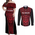 Custom Basketball New Zealand Couples Matching Off Shoulder Maxi Dress and Long Sleeve Button Shirt Red Maori Ta Moko Indigenous - Aussie Hoodie