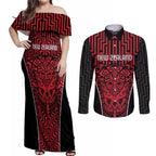 Custom Basketball New Zealand Couples Matching Off Shoulder Maxi Dress and Long Sleeve Button Shirt Red Maori Ta Moko Indigenous - Aussie Hoodie