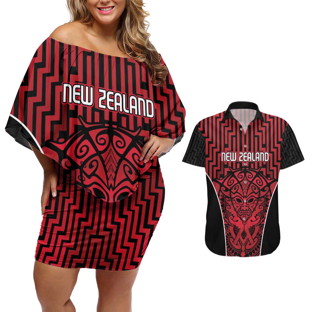 Custom Basketball New Zealand Couples Matching Off Shoulder Short Dress and Hawaiian Shirt Red Maori Ta Moko Indigenous - Aussie Hoodie
