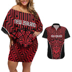 Custom Basketball New Zealand Couples Matching Off Shoulder Short Dress and Hawaiian Shirt Red Maori Ta Moko Indigenous - Aussie Hoodie