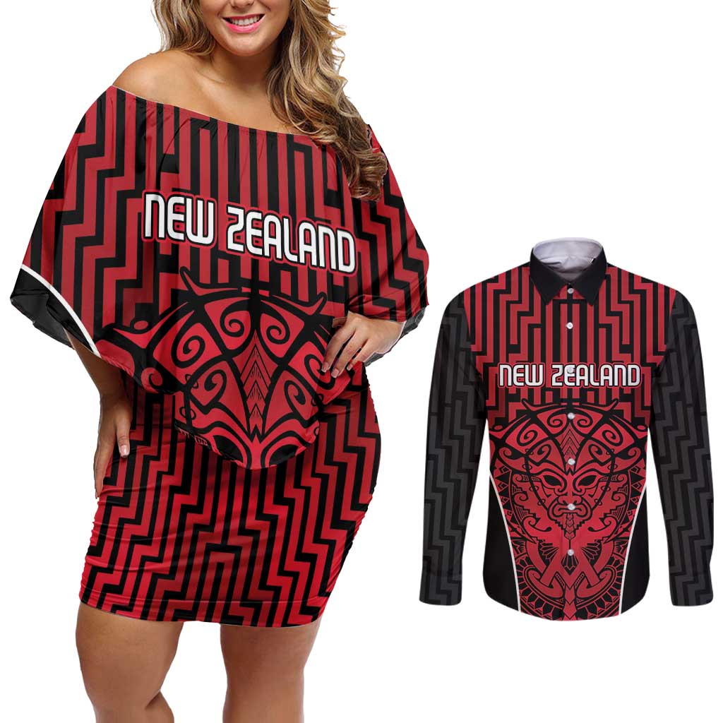 Custom Basketball New Zealand Couples Matching Off Shoulder Short Dress and Long Sleeve Button Shirt Red Maori Ta Moko Indigenous - Aussie Hoodie