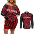 Custom Basketball New Zealand Couples Matching Off Shoulder Short Dress and Long Sleeve Button Shirt Red Maori Ta Moko Indigenous - Aussie Hoodie