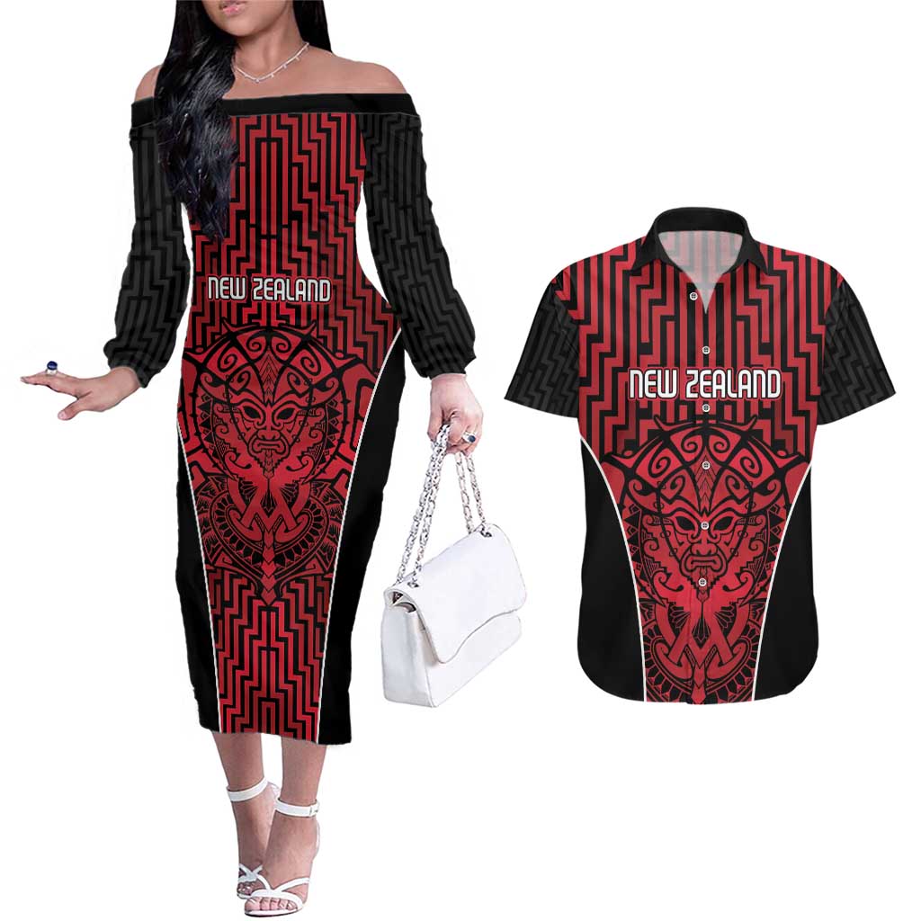 Custom Basketball New Zealand Couples Matching Off The Shoulder Long Sleeve Dress and Hawaiian Shirt Red Maori Ta Moko Indigenous - Aussie Hoodie