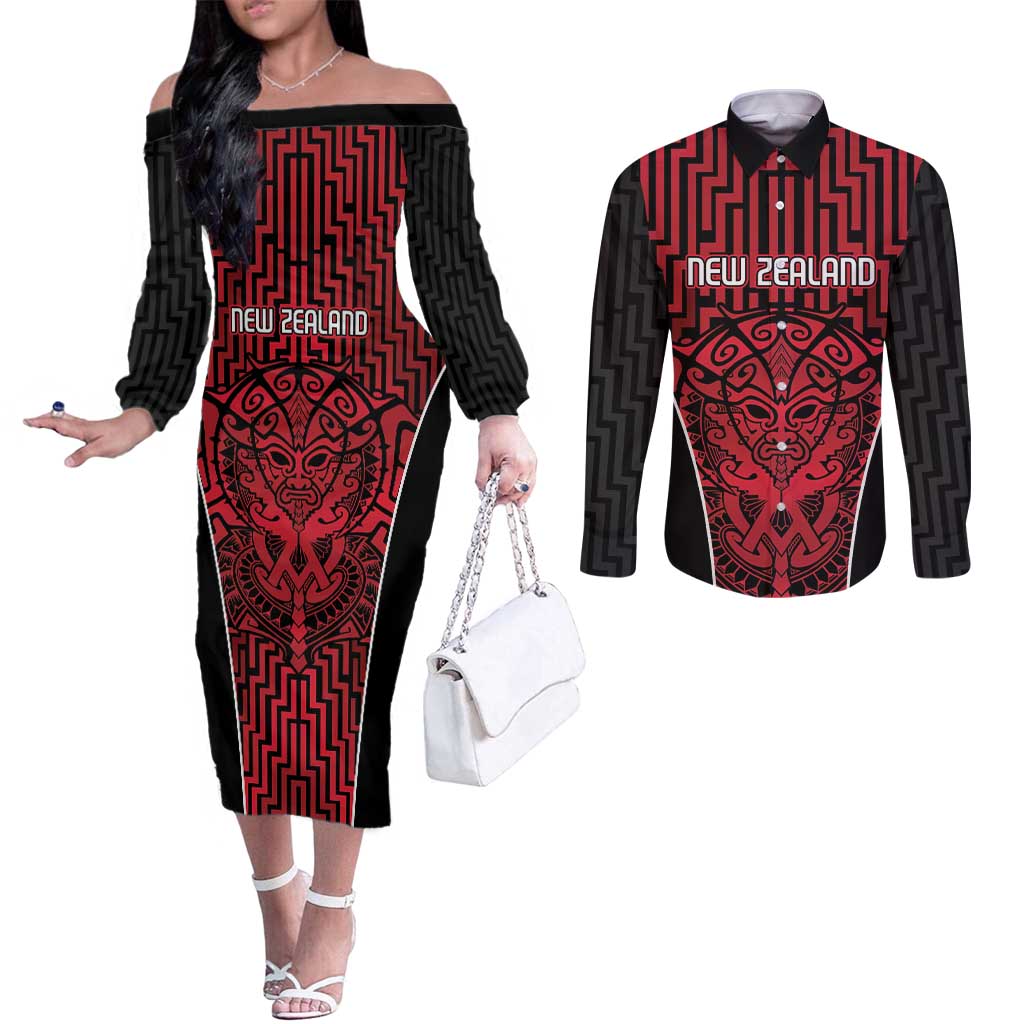 Custom Basketball New Zealand Couples Matching Off The Shoulder Long Sleeve Dress and Long Sleeve Button Shirt Red Maori Ta Moko Indigenous - Aussie Hoodie