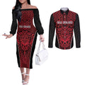 Custom Basketball New Zealand Couples Matching Off The Shoulder Long Sleeve Dress and Long Sleeve Button Shirt Red Maori Ta Moko Indigenous - Aussie Hoodie