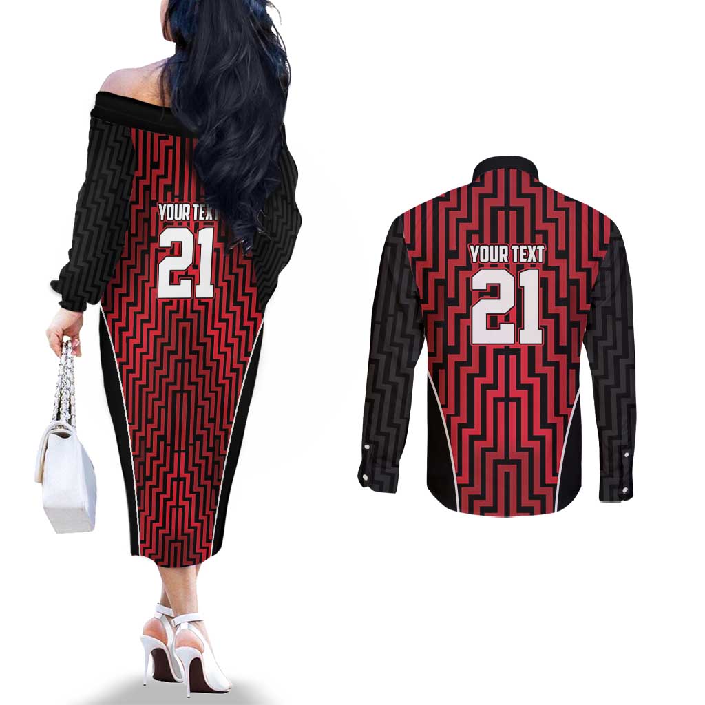 Custom Basketball New Zealand Couples Matching Off The Shoulder Long Sleeve Dress and Long Sleeve Button Shirt Red Maori Ta Moko Indigenous - Aussie Hoodie