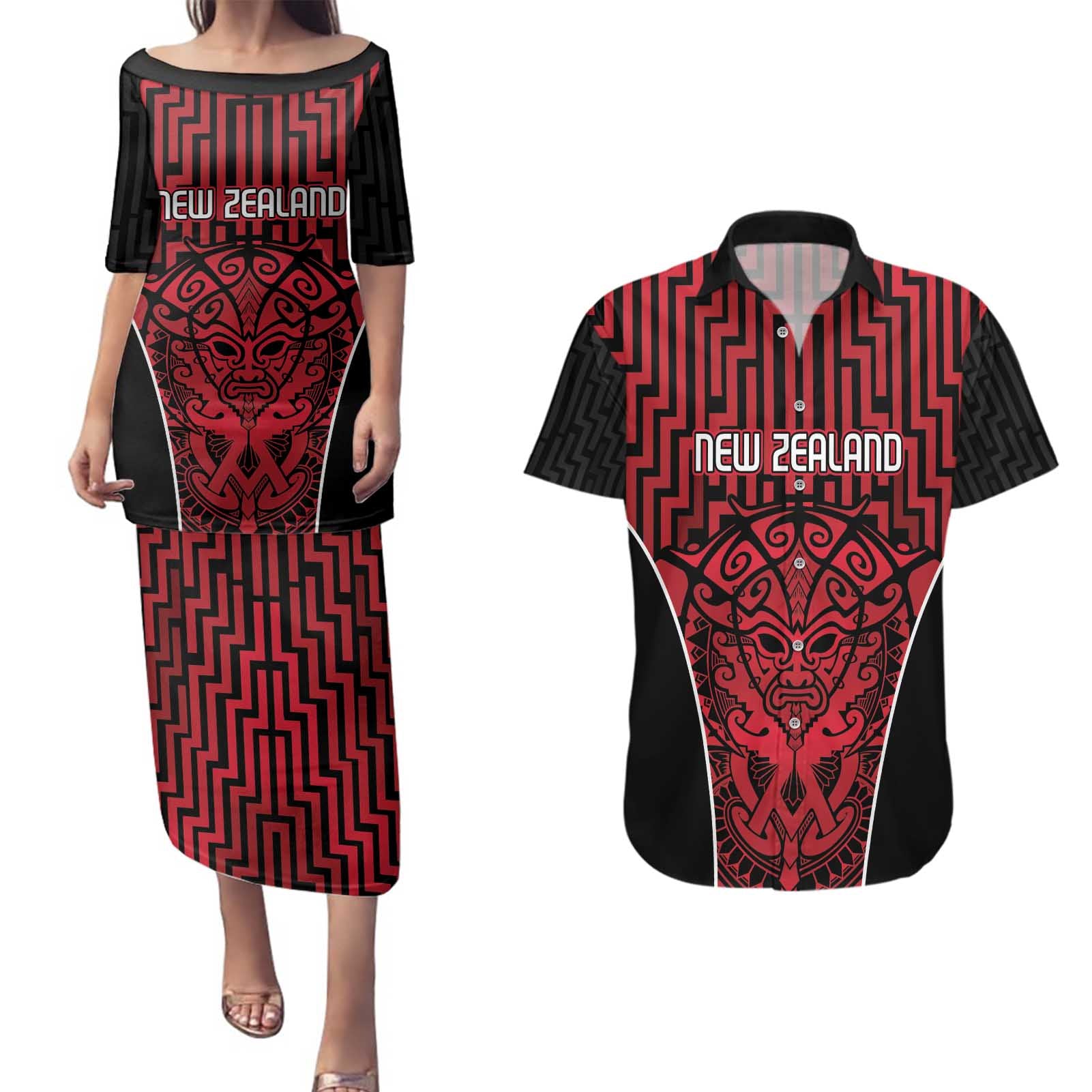 Custom Basketball New Zealand Couples Matching Puletasi and Hawaiian Shirt Red Maori Ta Moko Indigenous - Aussie Hoodie