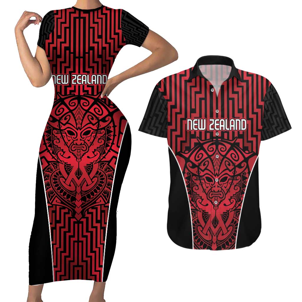 Custom Basketball New Zealand Couples Matching Short Sleeve Bodycon Dress and Hawaiian Shirt Red Maori Ta Moko Indigenous - Aussie Hoodie
