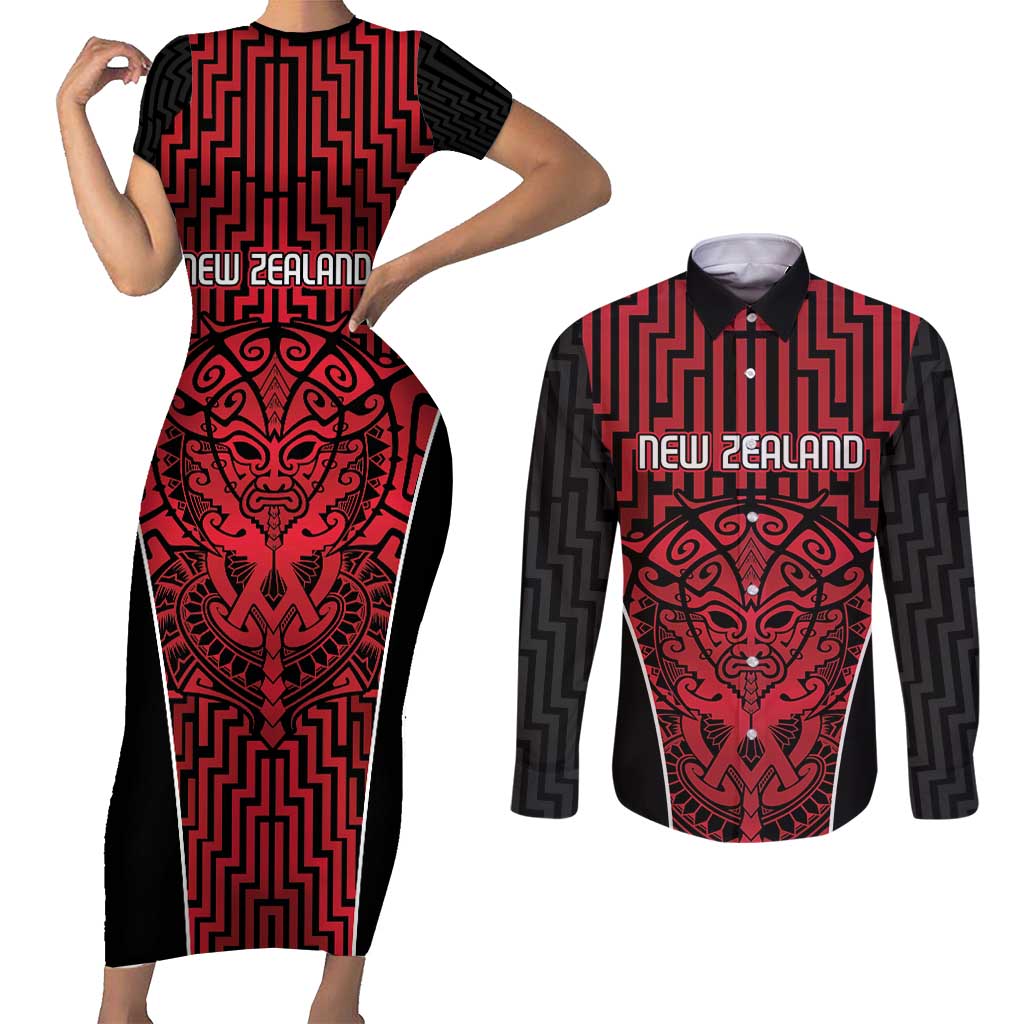 Custom Basketball New Zealand Couples Matching Short Sleeve Bodycon Dress and Long Sleeve Button Shirt Red Maori Ta Moko Indigenous - Aussie Hoodie