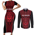 Custom Basketball New Zealand Couples Matching Short Sleeve Bodycon Dress and Long Sleeve Button Shirt Red Maori Ta Moko Indigenous - Aussie Hoodie
