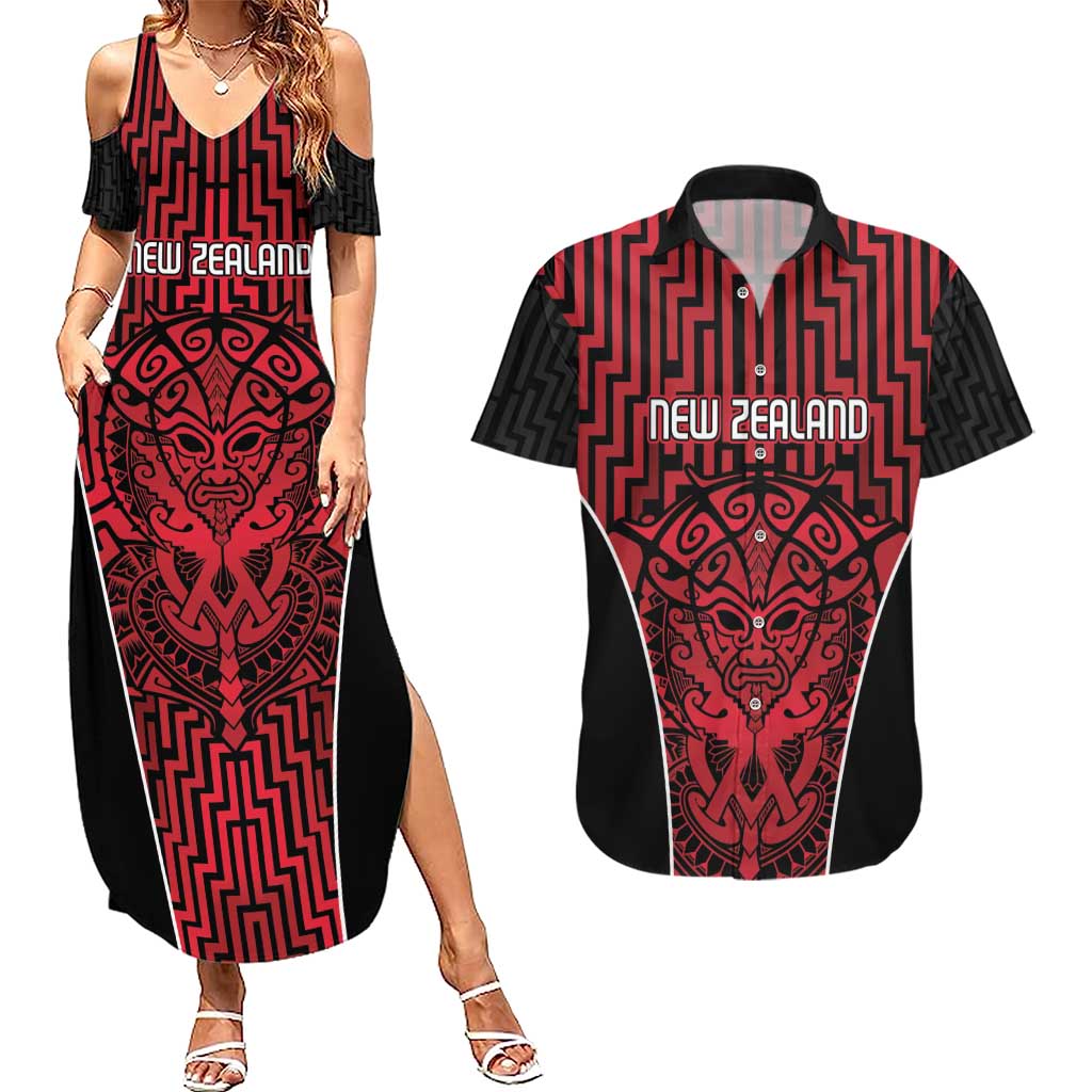 Custom Basketball New Zealand Couples Matching Summer Maxi Dress and Hawaiian Shirt Red Maori Ta Moko Indigenous - Aussie Hoodie