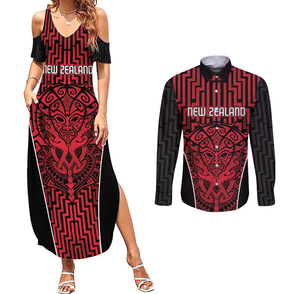 Custom Basketball New Zealand Couples Matching Summer Maxi Dress and Long Sleeve Button Shirt Red Maori Ta Moko Indigenous - Aussie Hoodie
