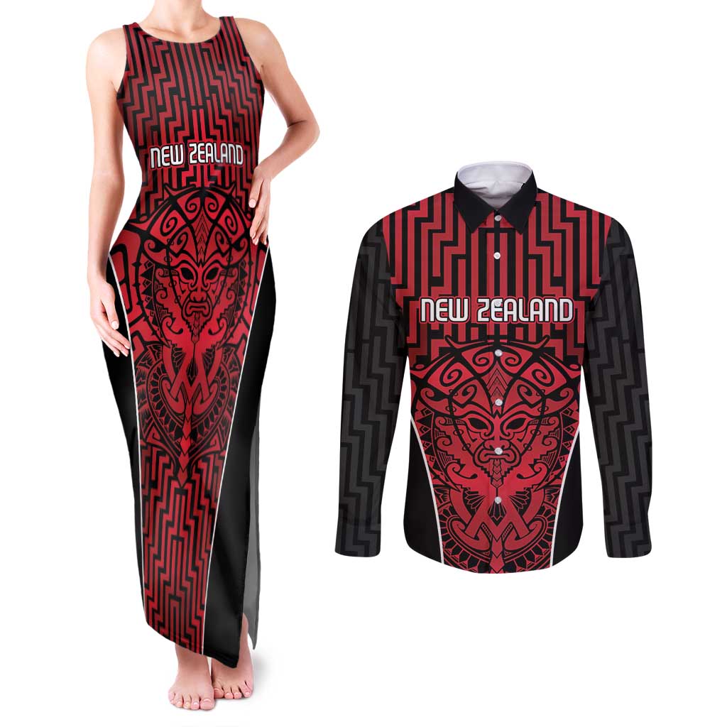 Custom Basketball New Zealand Couples Matching Tank Maxi Dress and Long Sleeve Button Shirt Red Maori Ta Moko Indigenous - Aussie Hoodie