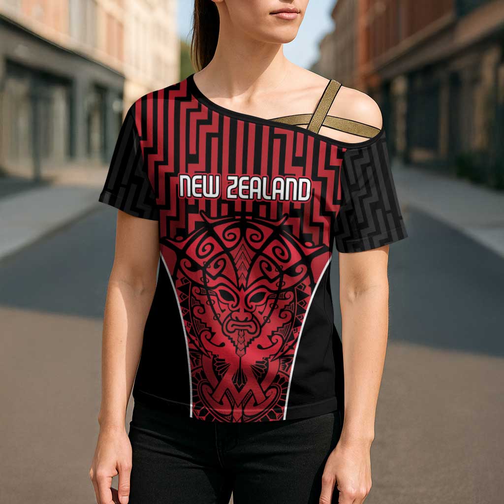 Custom Basketball New Zealand Cross Shoulder Shirt Red Maori Ta Moko Indigenous - Aussie Hoodie