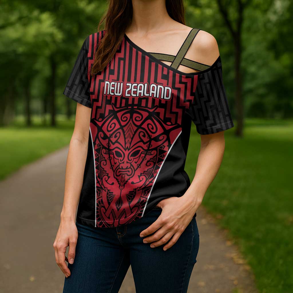 Custom Basketball New Zealand Cross Shoulder Shirt Red Maori Ta Moko Indigenous - Aussie Hoodie