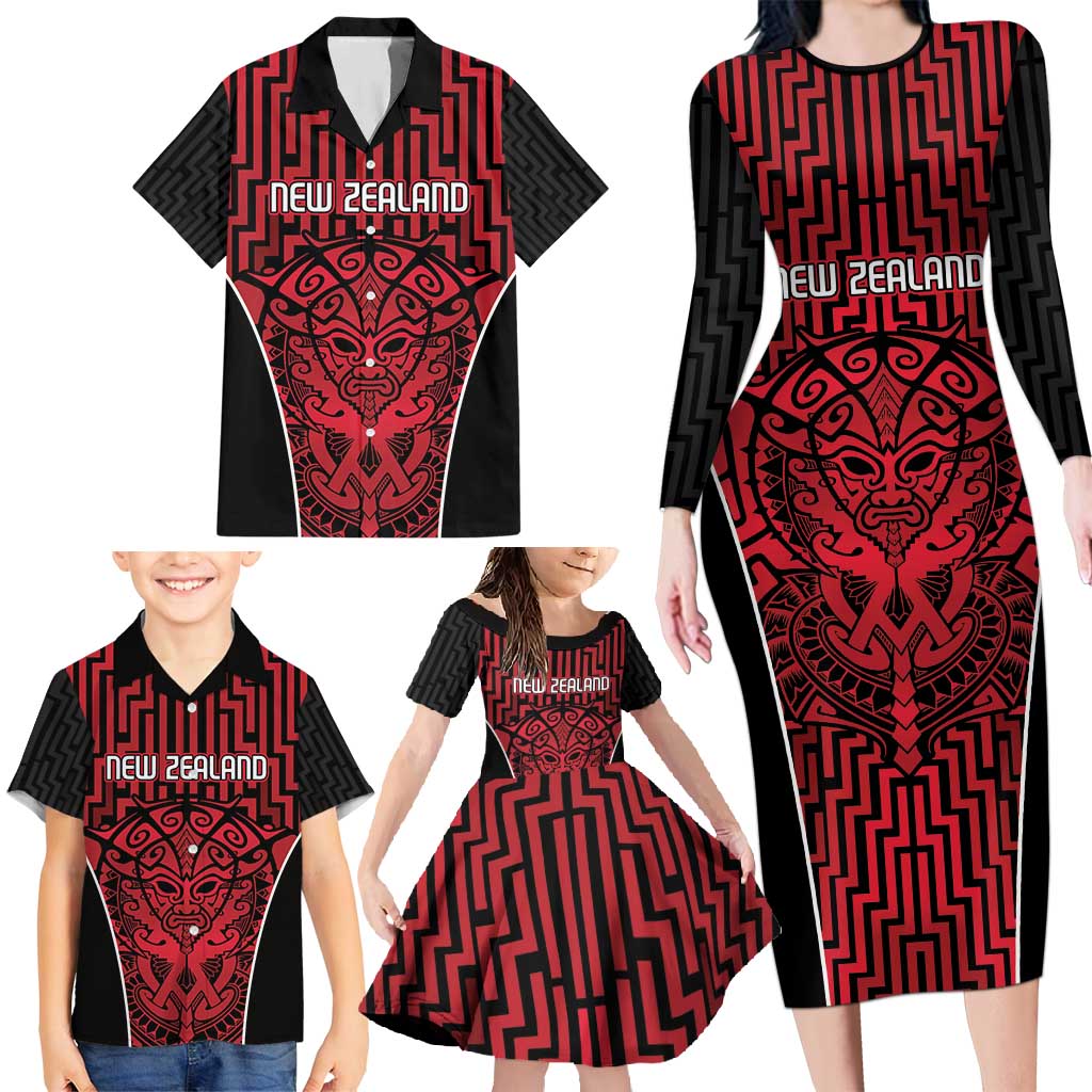 Custom Basketball New Zealand Family Matching Long Sleeve Bodycon Dress and Hawaiian Shirt Red Maori Ta Moko Indigenous - Aussie Hoodie