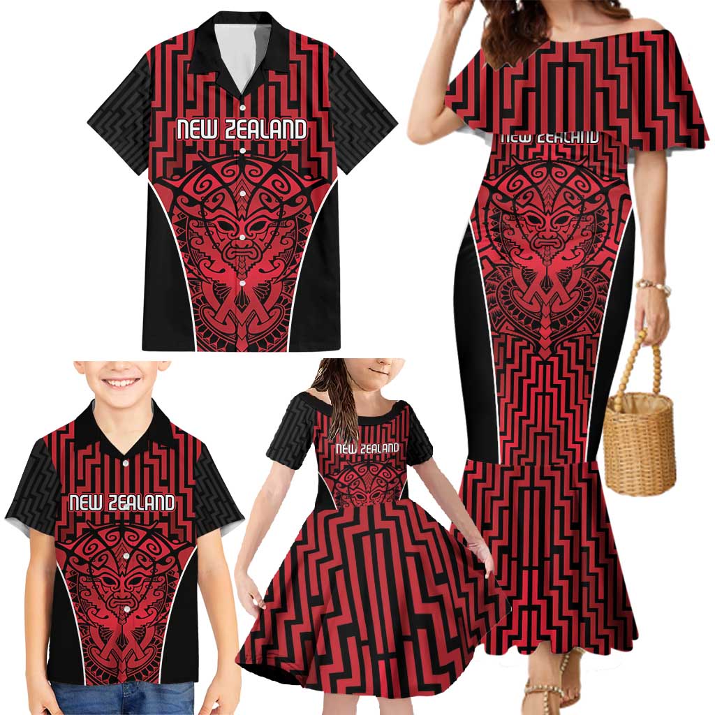 Custom Basketball New Zealand Family Matching Mermaid Dress and Hawaiian Shirt Red Maori Ta Moko Indigenous - Aussie Hoodie