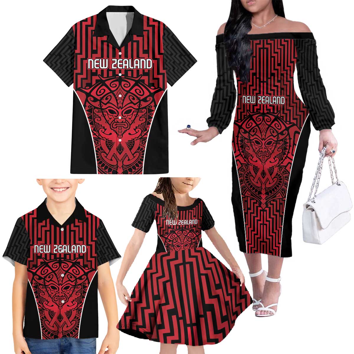 Custom Basketball New Zealand Family Matching Off The Shoulder Long Sleeve Dress and Hawaiian Shirt Red Maori Ta Moko Indigenous - Aussie Hoodie