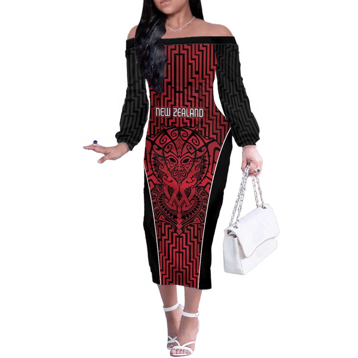 Custom Basketball New Zealand Family Matching Off The Shoulder Long Sleeve Dress and Hawaiian Shirt Red Maori Ta Moko Indigenous - Aussie Hoodie