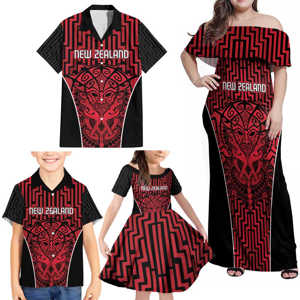 Custom Basketball New Zealand Family Matching Off Shoulder Maxi Dress and Hawaiian Shirt Red Maori Ta Moko Indigenous - Aussie Hoodie