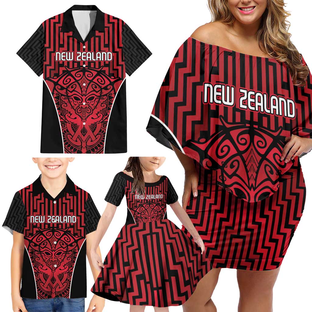 Custom Basketball New Zealand Family Matching Off Shoulder Short Dress and Hawaiian Shirt Red Maori Ta Moko Indigenous - Aussie Hoodie
