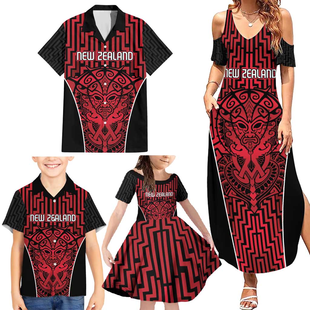 Custom Basketball New Zealand Family Matching Summer Maxi Dress and Hawaiian Shirt Red Maori Ta Moko Indigenous - Aussie Hoodie