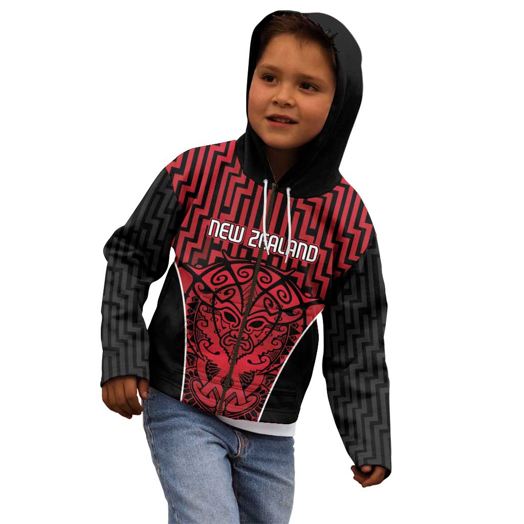 Custom Basketball New Zealand Kid Hoodie Red Maori Ta Moko Indigenous - Aussie Hoodie