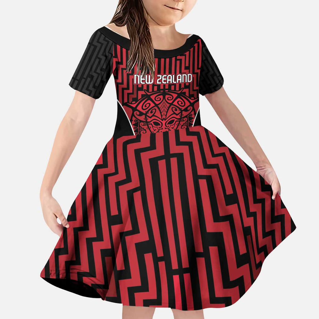 Custom Basketball New Zealand Kid Short Sleeve Dress Red Maori Ta Moko Indigenous - Aussie Hoodie
