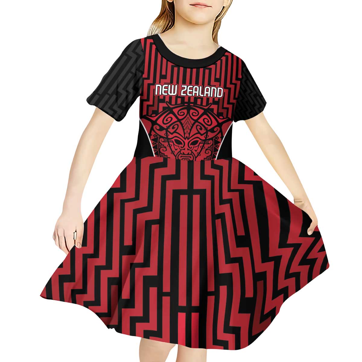 Custom Basketball New Zealand Kid Short Sleeve Dress Red Maori Ta Moko Indigenous - Aussie Hoodie