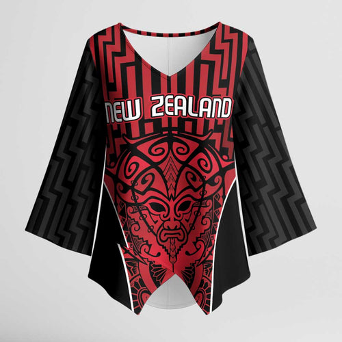 Custom Basketball New Zealand Kimono Sleeve Blouse Red Maori Ta Moko Indigenous - Aussie Hoodie