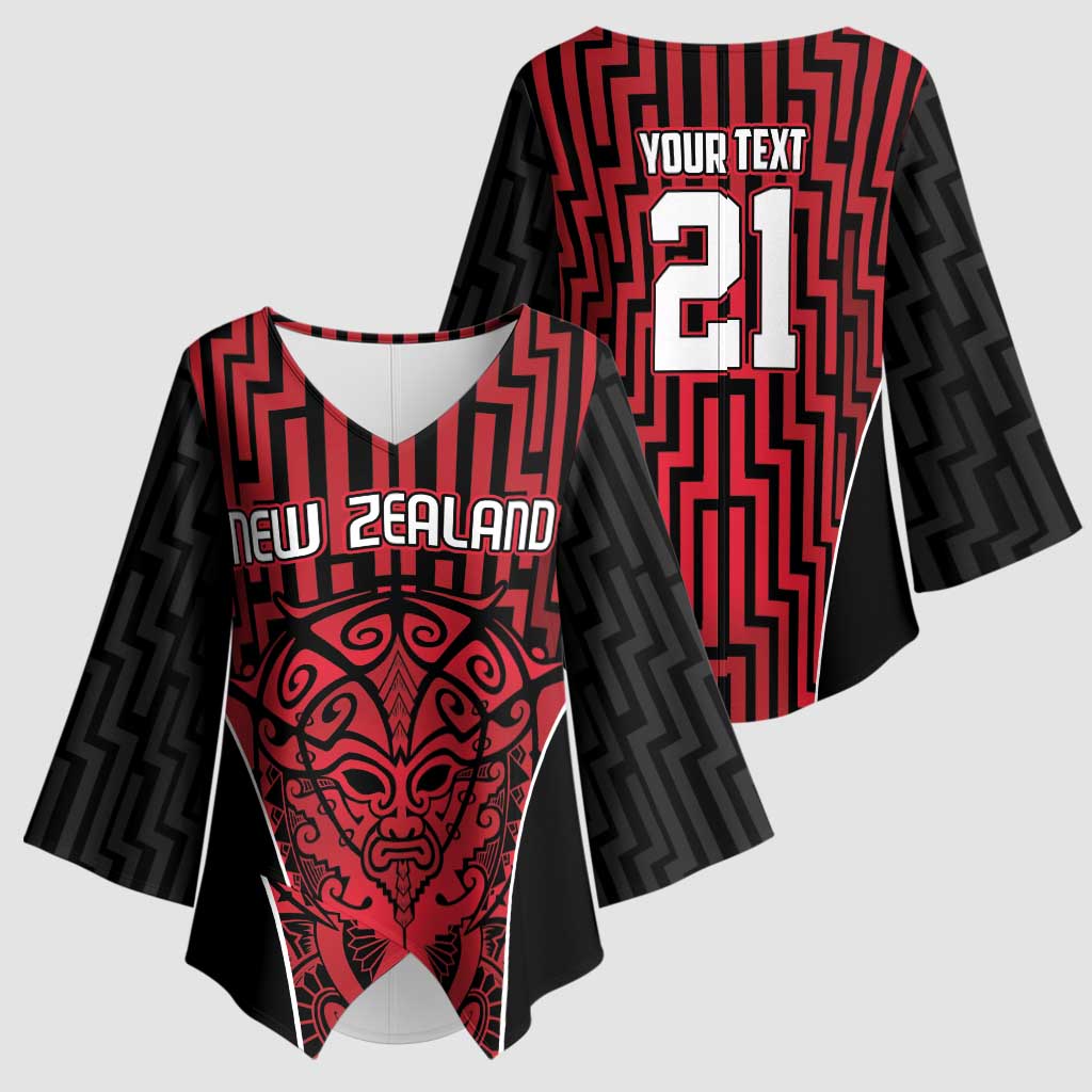Custom Basketball New Zealand Kimono Sleeve Blouse Red Maori Ta Moko Indigenous - Aussie Hoodie