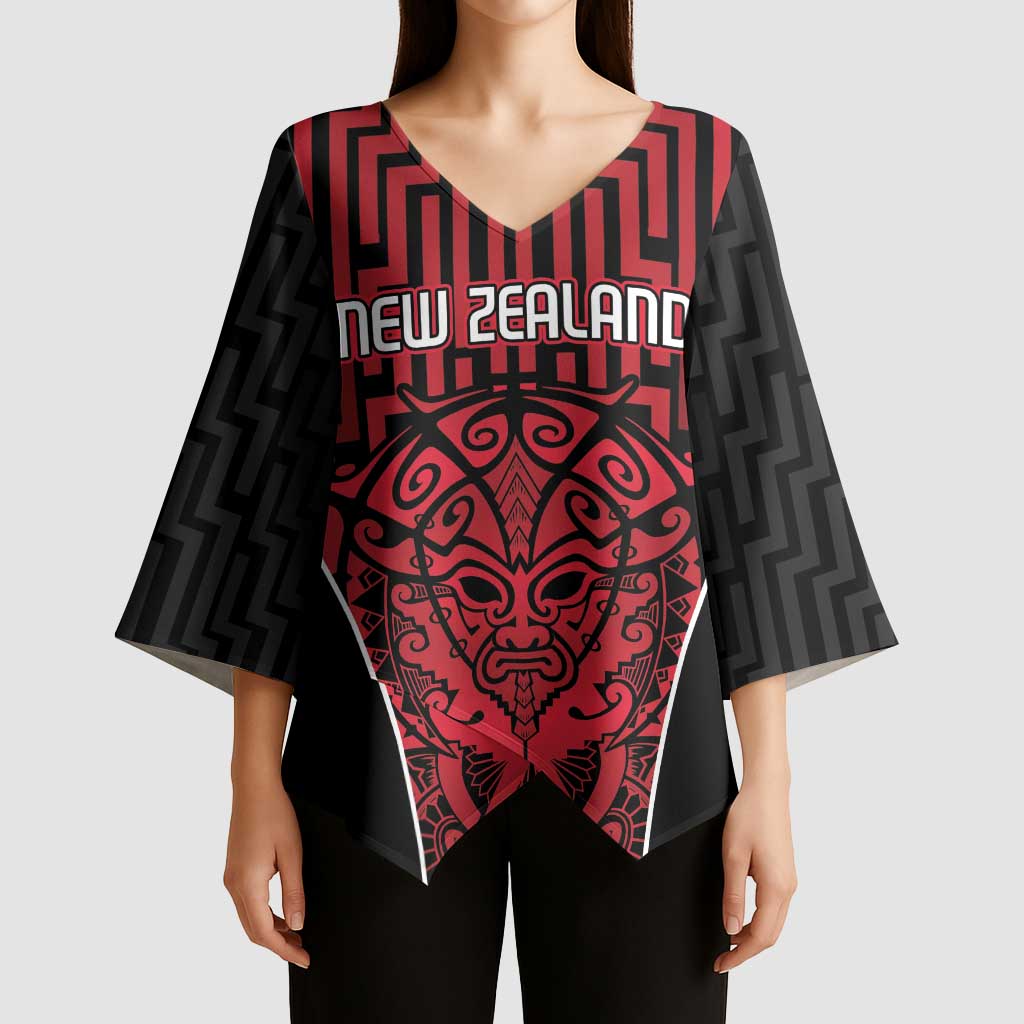 Custom Basketball New Zealand Kimono Sleeve Blouse Red Maori Ta Moko Indigenous - Aussie Hoodie