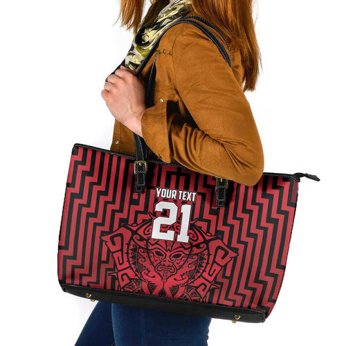 Custom Basketball New Zealand Leather Tote Bag Red Maori Ta Moko Indigenous - Aussie Hoodie