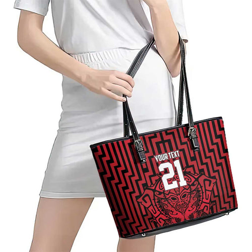 Custom Basketball New Zealand Leather Tote Bag Red Maori Ta Moko Indigenous - Aussie Hoodie