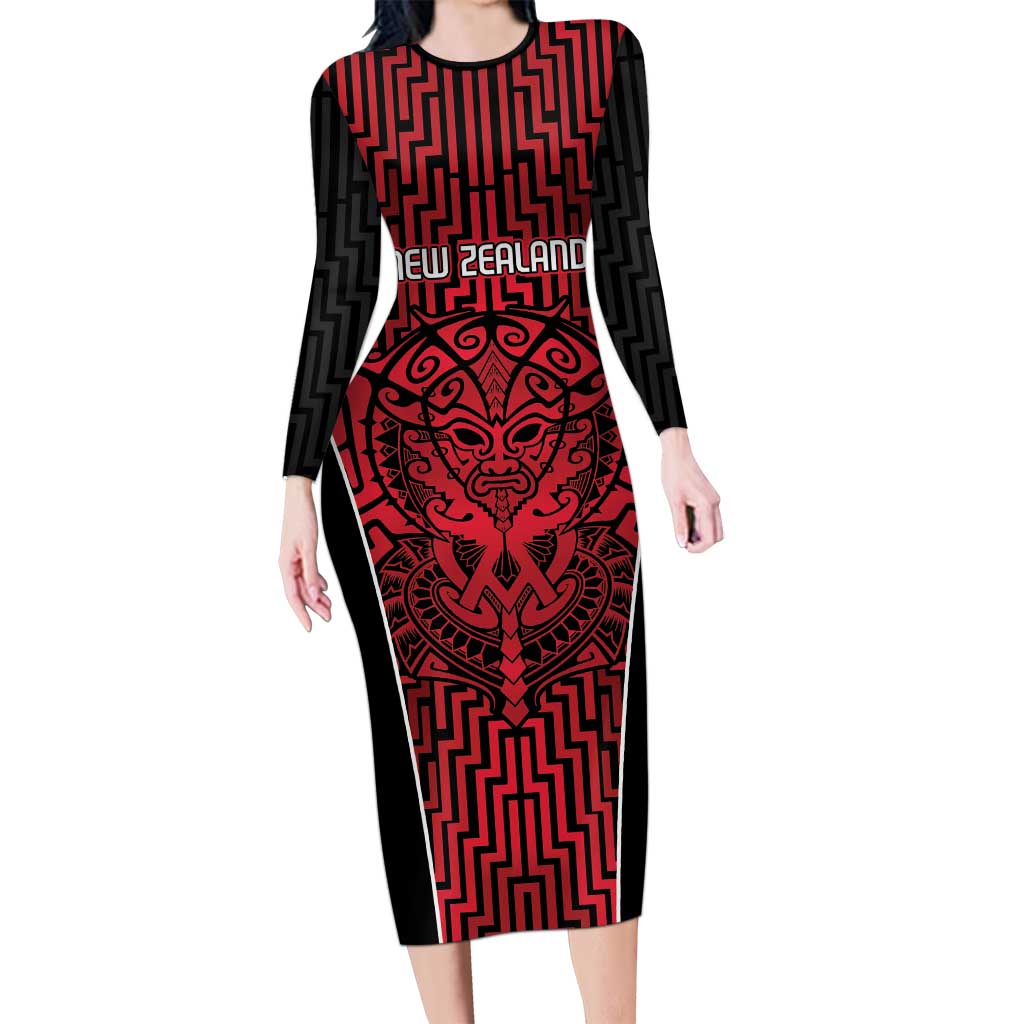 Custom Basketball New Zealand Long Sleeve Bodycon Dress Red Maori Ta Moko Indigenous - Aussie Hoodie