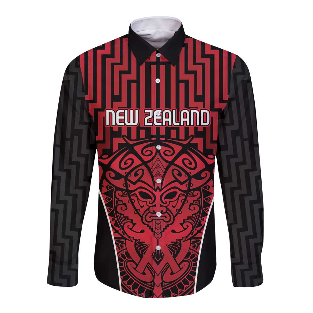 Custom Basketball New Zealand Long Sleeve Button Shirt Red Maori Ta Moko Indigenous - Aussie Hoodie