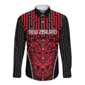 Custom Basketball New Zealand Long Sleeve Button Shirt Red Maori Ta Moko Indigenous - Aussie Hoodie