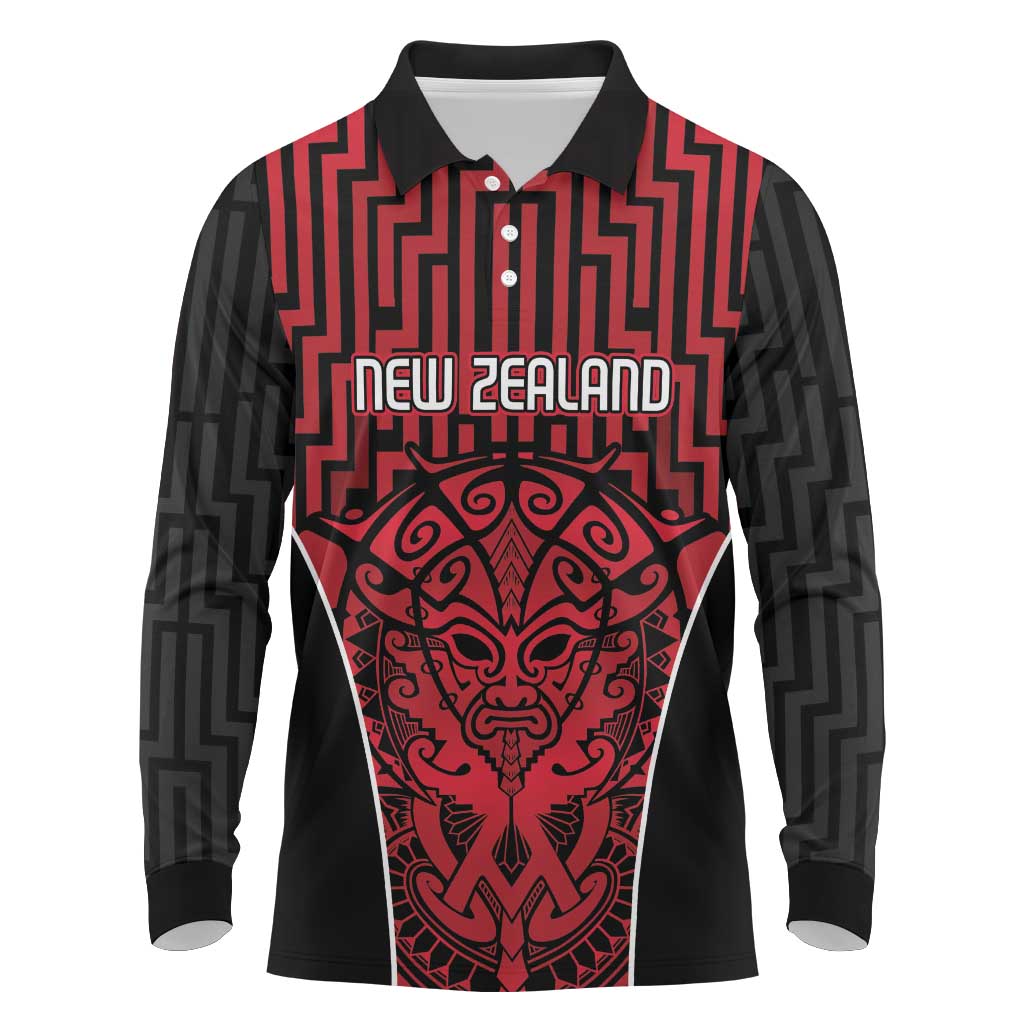 Custom Basketball New Zealand Long Sleeve Polo Shirt Red Maori Ta Moko Indigenous - Aussie Hoodie