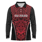 Custom Basketball New Zealand Long Sleeve Polo Shirt Red Maori Ta Moko Indigenous - Aussie Hoodie