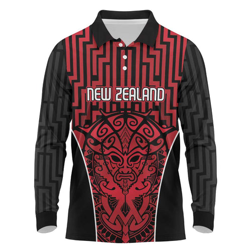 Custom Basketball New Zealand Long Sleeve Polo Shirt Red Maori Ta Moko Indigenous - Aussie Hoodie