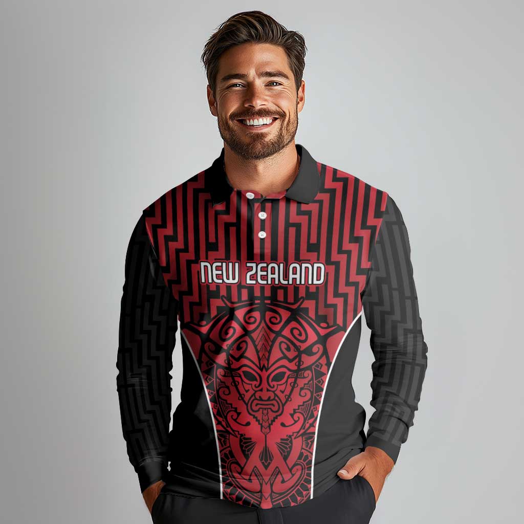 Custom Basketball New Zealand Long Sleeve Polo Shirt Red Maori Ta Moko Indigenous - Aussie Hoodie