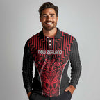 Custom Basketball New Zealand Long Sleeve Polo Shirt Red Maori Ta Moko Indigenous - Aussie Hoodie