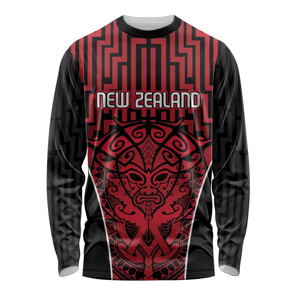 Custom Basketball New Zealand Long Sleeve Shirt Red Maori Ta Moko Indigenous - Aussie Hoodie
