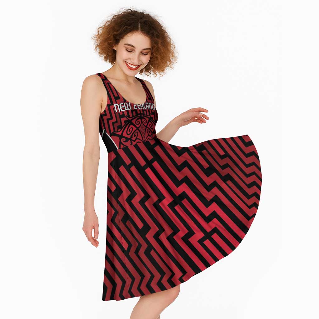 Custom Basketball New Zealand Midi Dress Red Maori Ta Moko Indigenous - Aussie Hoodie