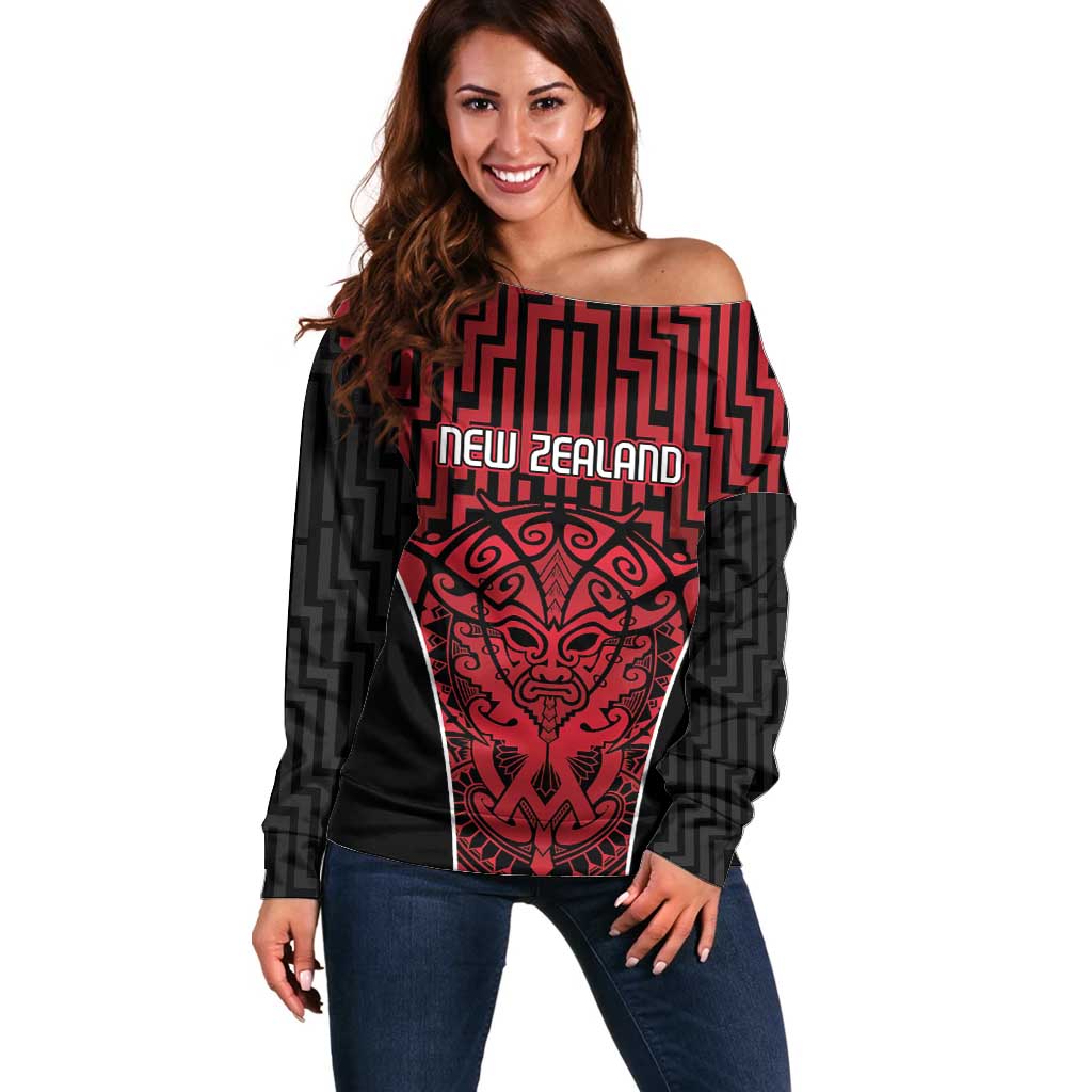 Custom Basketball New Zealand Off Shoulder Sweater Red Maori Ta Moko Indigenous - Aussie Hoodie
