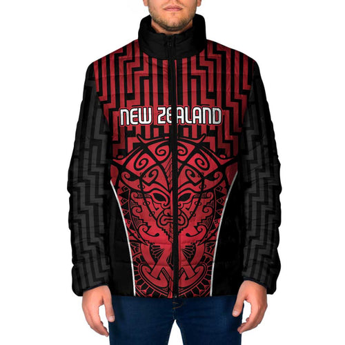 Custom Basketball New Zealand Padded Jacket Red Maori Ta Moko Indigenous - Aussie Hoodie