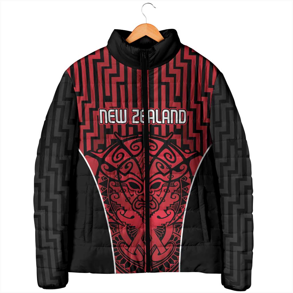 Custom Basketball New Zealand Padded Jacket Red Maori Ta Moko Indigenous - Aussie Hoodie